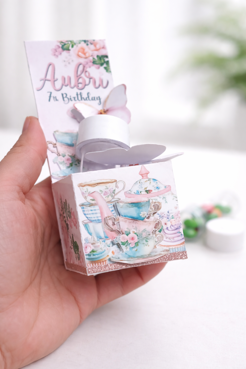 Personalized Floral Teacup Favor Box, Girl Birthday Party Treat Container